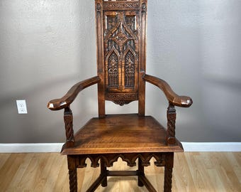 French Antique Gothic Priest's Chair Carved Oak Armchair Throne in Oak Wood