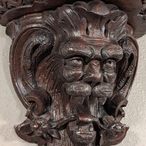Pair of Antique French Oak Wood Wall Shelves Brackets Sconces Lion Gargoyle image 7