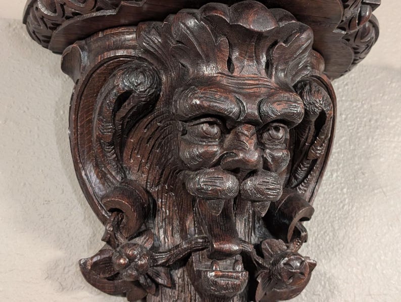 Pair of Antique French Oak Wood Wall Shelves Brackets Sconces Lion Gargoyle image 7