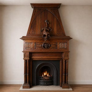Antique French Gothic Walnut Fireplace Mantel Surround Dragon Gargoyle