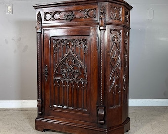 French Antique Gothic Oak Cabinet Ecclesiastical Side Cabinet Carved Cupboard