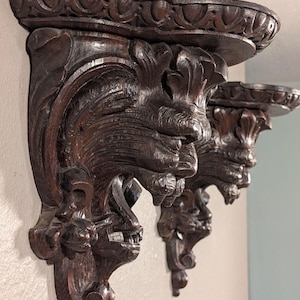 Pair of Antique French Oak Wood Wall Shelves Brackets Sconces Lion Gargoyle image 4