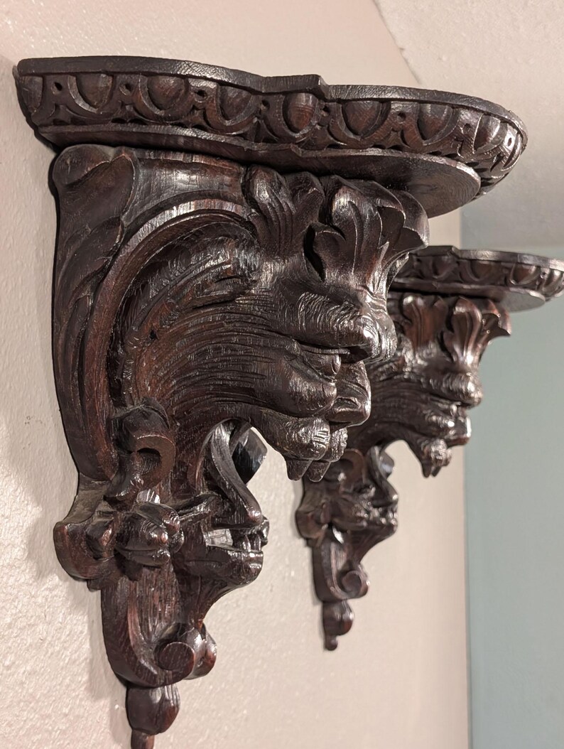 Pair of Antique French Oak Wood Wall Shelves Brackets Sconces Lion Gargoyle image 4