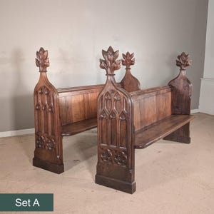 Antique Gothic Carved Oak Church Pew Bench Entry Religious