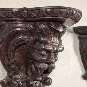 Pair of Antique French Oak Wood Wall Shelves Brackets Sconces Lion Gargoyle image 6