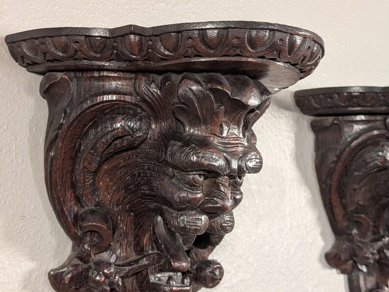 Pair of Antique French Oak Wood Wall Shelves Brackets Sconces Lion Gargoyle image 6