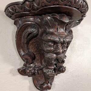 Pair of Antique French Oak Wood Wall Shelves Brackets Sconces Lion Gargoyle image 5