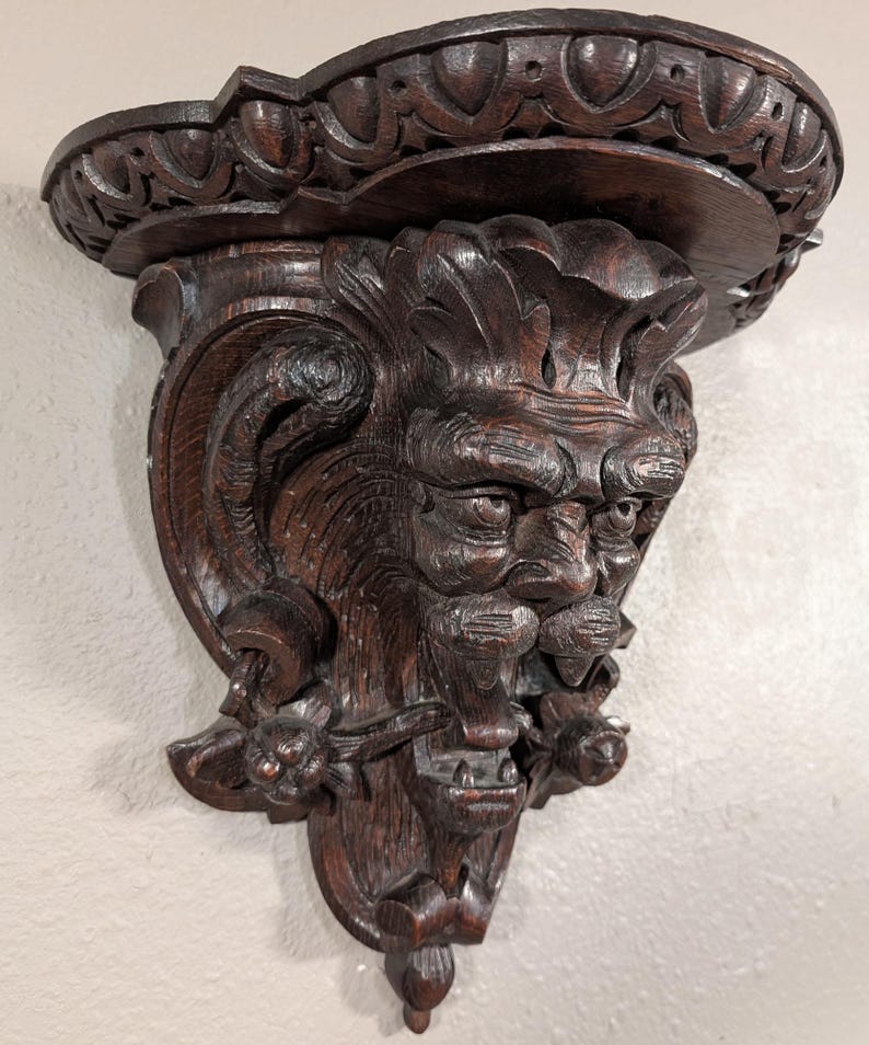 Pair of Antique French Oak Wood Wall Shelves Brackets Sconces Lion Gargoyle image 5