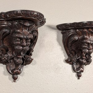 Pair of Antique French Oak Wood Wall Shelves Brackets Sconces Lion Gargoyle image 3