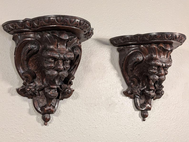 Pair of Antique French Oak Wood Wall Shelves Brackets Sconces Lion Gargoyle image 3