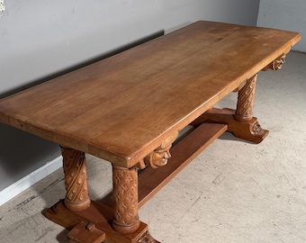 Antique French Gothic Revival Solid Oak Farm Dining Table