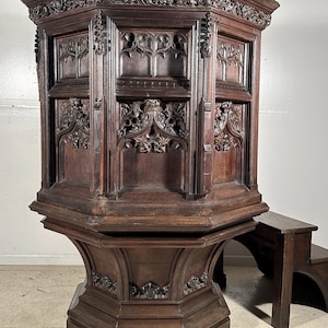 Antique Gothic Revival Church Wineglass Pulpit in Solid Oak