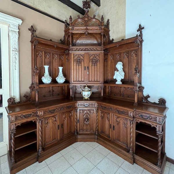 ARRIVES JULY 2024: Antique French Gothic Oak Wood Corner Cabinet/Sideboard/Buffet