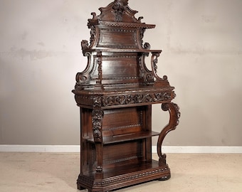 French Antique Renaissance Revival Oak Wood Etagere Server Buffet Console