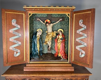 41" Tall Antique Gothic Triptych Religious Portable Altar Retable/Rerados in Oak