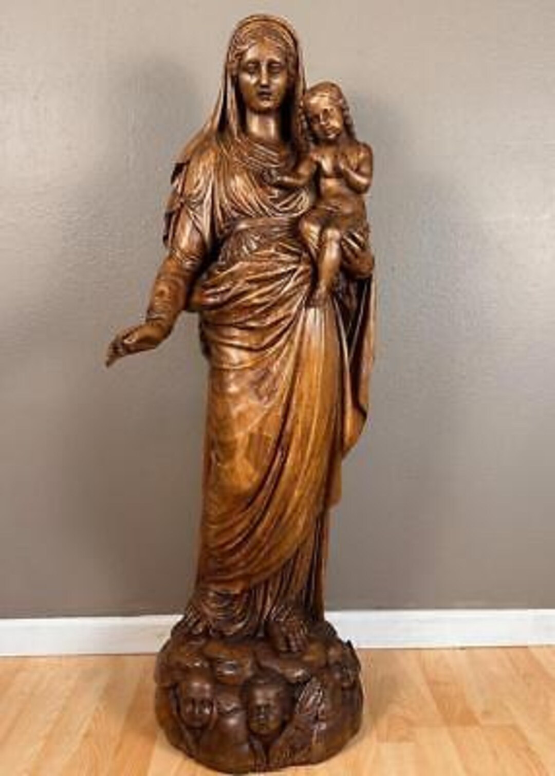 48" 1700's Antique Religious Solid Wood Statue/sculpture of Mother Mary ...
