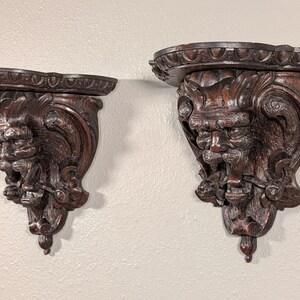 Pair of Antique French Oak Wood Wall Shelves Brackets Sconces Lion Gargoyle image 1