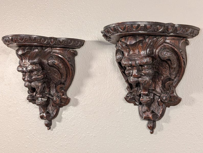 Pair of Antique French Oak Wood Wall Shelves Brackets Sconces Lion Gargoyle image 1