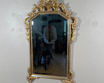 40" Tall French Antique Giltwood Mirror with Floral Crest & Beveled Glass