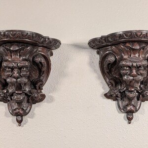Pair of Antique French Oak Wood Wall Shelves Brackets Sconces Lion Gargoyle image 2