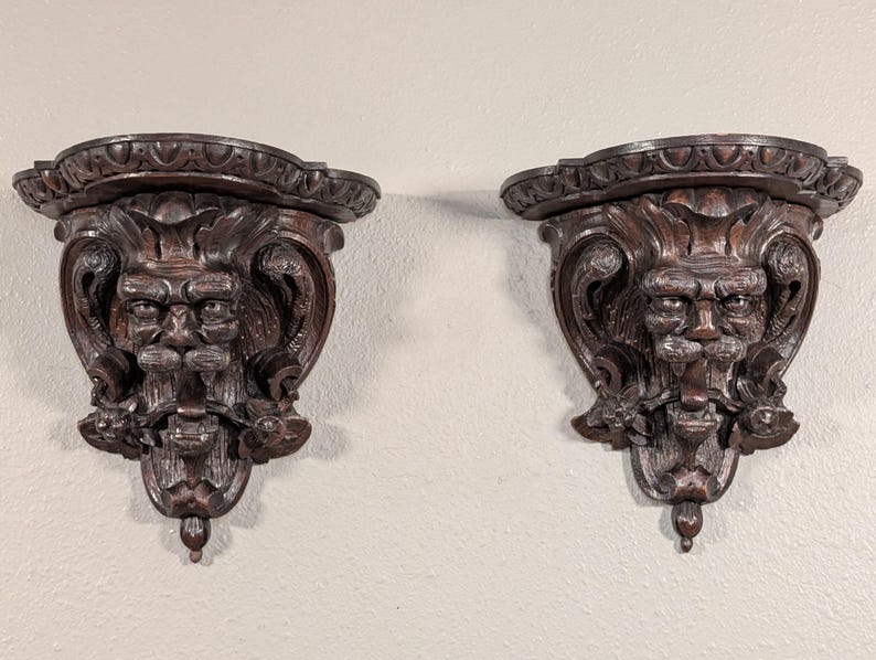 Pair of Antique French Oak Wood Wall Shelves Brackets Sconces Lion Gargoyle image 2
