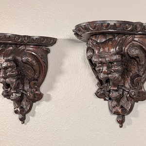 Pair of Antique French Oak Wood Wall Shelves Brackets Sconces Lion/Gargoyle