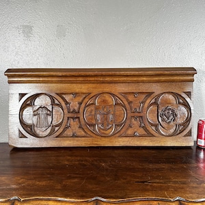 Antique Oak Wood Gothic Panel/Pediment/Crest with Religious/Church Symbols