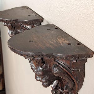 Pair of Antique French Oak Wood Wall Shelves Brackets Sconces Lion Gargoyle image 9