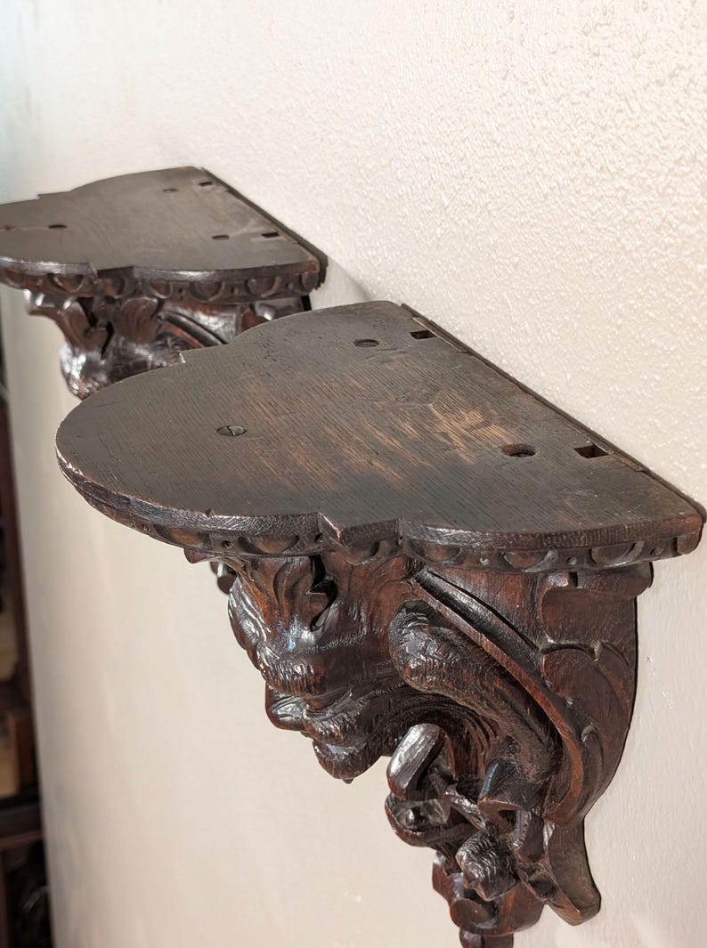 Pair of Antique French Oak Wood Wall Shelves Brackets Sconces Lion Gargoyle image 9
