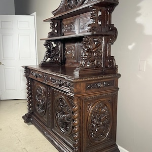 Antique French Renaissance Black Forest Hunting Sideboard Server Vaisselier