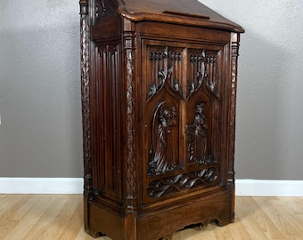 French Antique Gothic Walnut Wood Prie Dieu/Kneeler/Prayer Cabinet/Book Rest