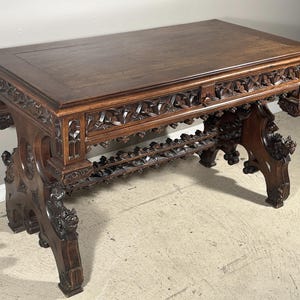 French Antique Gothic Revival Walnut Desk Library Table with Gargoyles