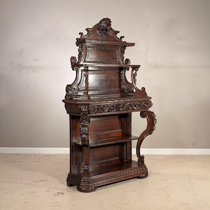 French Antique Renaissance Revival Oak Wood Etagere Server Buffet Console