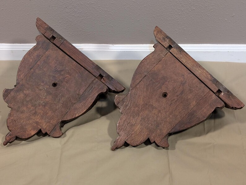 Pair of Antique French Oak Wood Wall Shelves Brackets Sconces Lion Gargoyle image 10