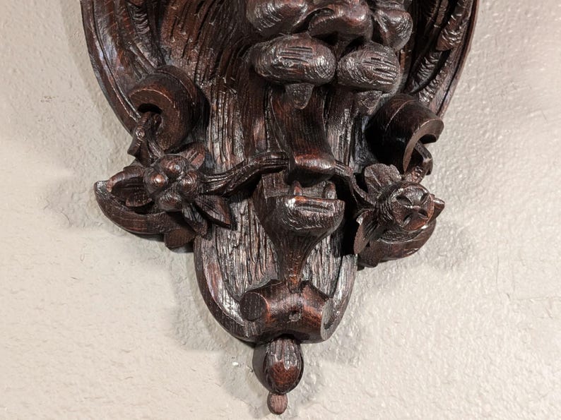 Pair of Antique French Oak Wood Wall Shelves Brackets Sconces Lion Gargoyle image 8
