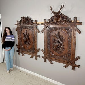 Pair of Monumental Antique French Black Forest Hunt Panels with Stag & Boar