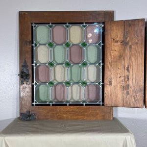 Antique Stained Glass Panel Oak Door and Hinged Shutter 5 Available