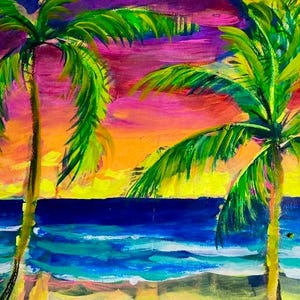 May include: A vibrant acrylic painting depicting two palm trees on a beach at sunset. The sky features bold horizontal strokes of purple, magenta, orange, and yellow. The ocean is rendered in deep blue and turquoise, meeting a sandy beach foreground.
