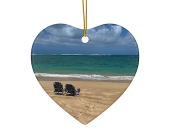 Beach Scene Ceramic Ornament | Heart Shape Ocean Photo Ornament