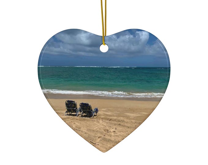 Beach Scene Ceramic Ornament | Heart Shape Ocean Photo Ornament
