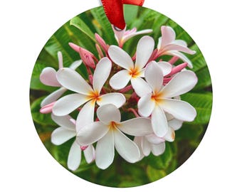 White Plumeria Flowers Acrylic Ornament | Round Floral Holiday Decoration