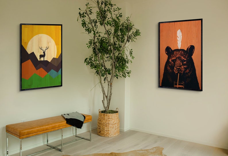 Mountain Deer Wood Wall Decor Modern Boho Handmade Wood Wall Etsy