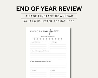 One Page Year End Review, Printable Reflection PDF, Year-End Evaluation, PDF Instant Download
