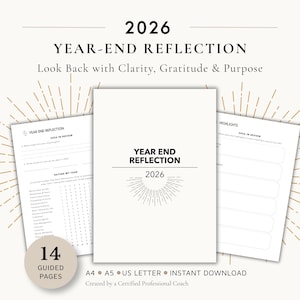Może przedstawiać: 14-stronicowy planer refleksji na koniec roku 2026 z białą okładką, czarnym napisem YEAR END REFLECTION 2026 i grafiką promieni słonecznych. Wewnętrzne strony zawierają sekcje na podsumowanie roku 2026, ocenę roku oraz najważniejsze wydarzenia.
