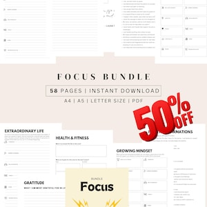 May include: A printable PDF bundle of 58 pages with a focus on personal growth and development. The bundle includes sections on extraordinary life, health and fitness, growing mindset, and gratitude. The bundle is available for instant download in A4, A5, and letter sizes.
