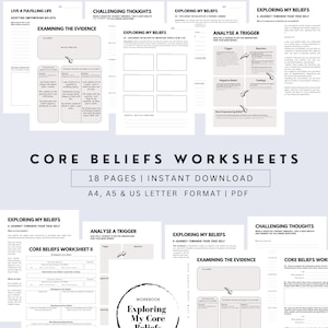 Puede incluir: Un conjunto de 18 hojas de trabajo imprimibles para explorar las creencias fundamentales. Las hojas de trabajo están en blanco y negro y tienen títulos como "Explorar mis creencias", "Pensamientos desafiantes" y "Analizar un desencadenante". Las hojas de trabajo están diseñadas para ayudar a las personas a identificar y desafiar sus creencias fundamentales.
