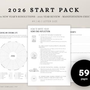 Paquete de inicio 2026 / Propósitos de Año Nuevo + Revisión del Año 2025 + Comprobaciones de Manifestación / PDF imprimible