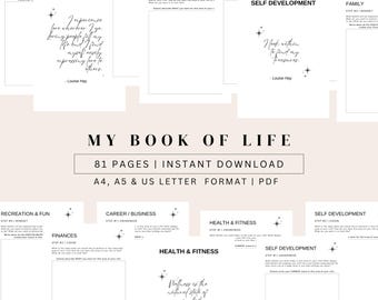 May include: A printable workbook titled "My Book of Life" with 81 pages. The workbook is designed to help you reflect on different aspects of your life, including spirituality, relationships, giving, health, and self-development. The workbook is available in A4, A5, and US Letter format.