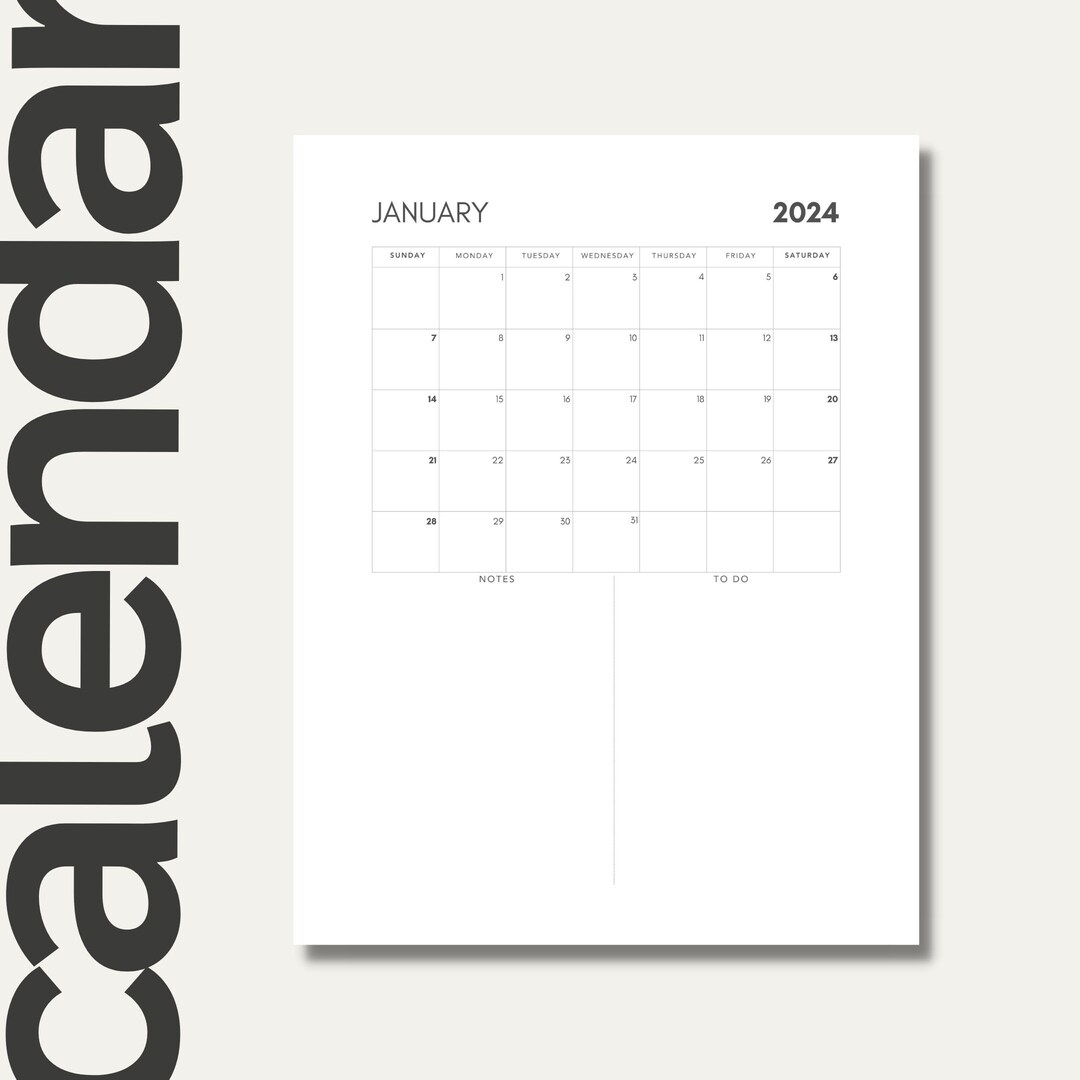 Printable Calendar 2024, Monthly Planner 2024, Portrait, Monday