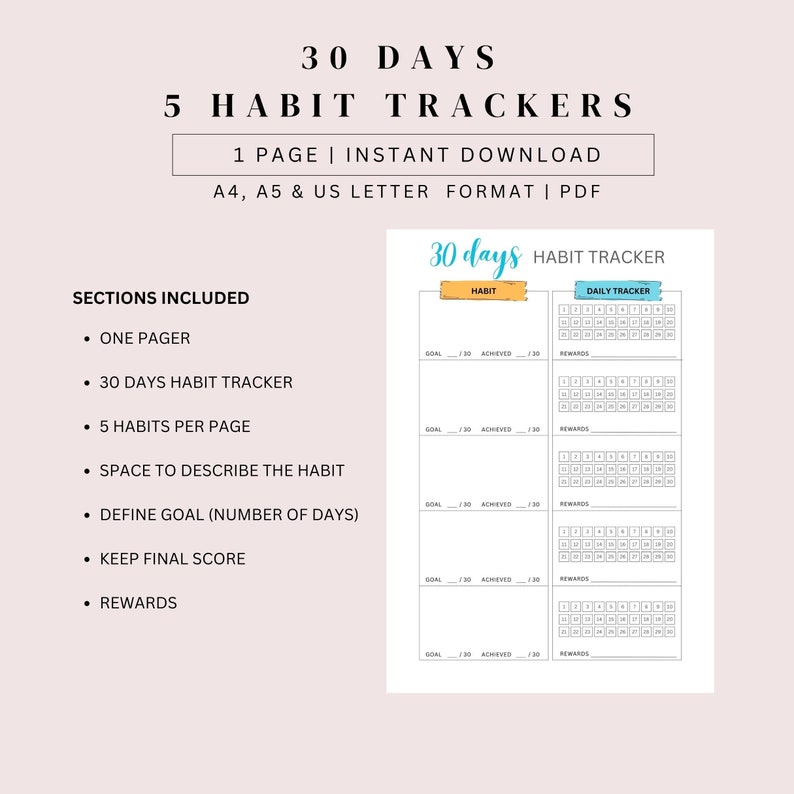 Habit Tracker Printable Template, Routine Tracker, 30 Day Challenge ...